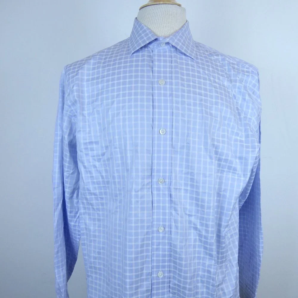 BANANA REPUBLIC blue box plaid SHIRT M 15 15.5 cotton dress button up